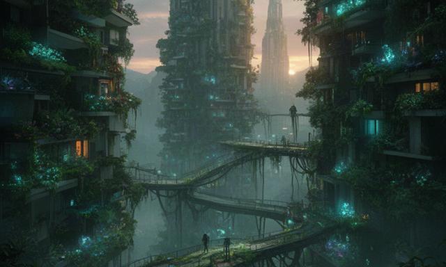 Screenshot concettuale de Il Bosco Verticale, avventura narrativa indie di ItaliaPlayApp ambientata in una torre-foresta fantasy con vegetazione bioluminescente