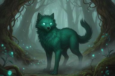 Concept art di una creatura fantasy originale disegnata da ItaliaPlayApp, con pelliccia verde smeraldo e occhi luminosi in una foresta incantata