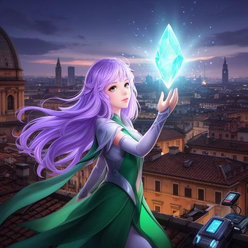 Lumia, il personaggio originale di ItaliaPlayApp, una giovane guardiana con capelli color lavanda che brandisce un cristallo di luce tra i tetti di Milano, con elementi fantasy e tecnologici che si fondono