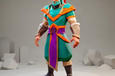 Modello 3D di un personaggio originale in stile low-poly con texture vivaci, realizzato per un gioco strategico fantasy