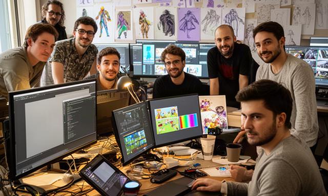 Il team di ItaliaPlayApp al lavoro nel loro studio in Corso Buenos Aires a Milano, tra monitor, tavole di concept art e moodboard